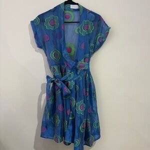 Jeune Otte Wrap Dress Blue Green and pink floral pattern Size Small